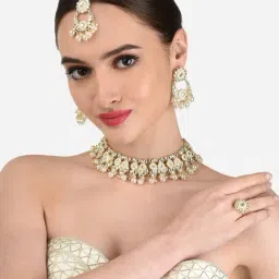 Zaveri Pearls Gold Tone Kundan & Pearls Ethnic Necklace Earring Maangtikka & Ring Set-ZPFK12204-image-59
