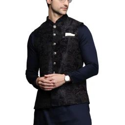 Manyavar Blue Regular Fit Printed Nehru Jackets-picture-47