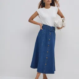 LOV by Westside Dark Blue High-Rise Denim Skirt with Belt image 3
