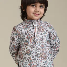 Manyavar Boys Floral Printed Band Collar Straight Kurta with Trouser image 4