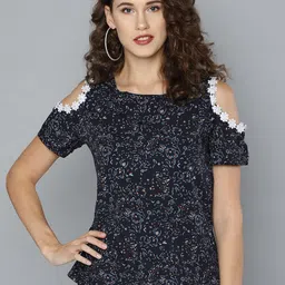 RARE Women Navy Blue Cold-Shoulder Printed Top-image-93