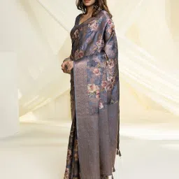 Soch Grey Tussar Floral Saree with Unstitched Blouse image 3