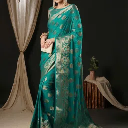 Saree Mall Blue Woven Saree With Unstitched Blouse image 3