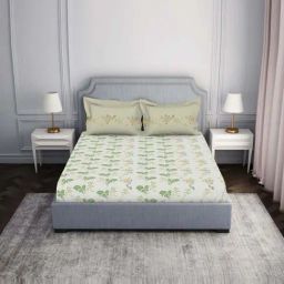 Spaces Atrium Beige & Green 100% Cotton 144 TC Double Bedsheet with 2 Pillow Covers-picture-6