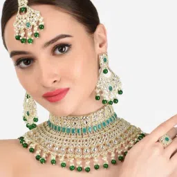 Zaveri Pearls Green Bridal Kundan Choker Necklace Earring Maangtikka & Ring Set-ZPFK12219-picture-31