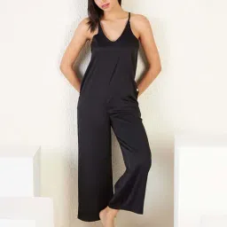 Sweet Dreams Black Satin Regular Fit Sleepwear Jumpsuit-image-92