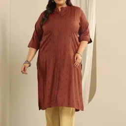 Extra Love By Libas Brown Straight Fit Woven Design Plus Size Kurtas-picture-48
