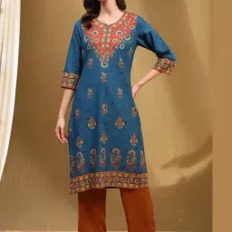 Biba Blue Cotton Printed Straight Kurta-picture-10