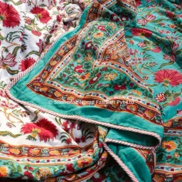 Shahenaz Sunderban Poppies Floral Turquoise Cotton Double Reversible Dohar-image-20