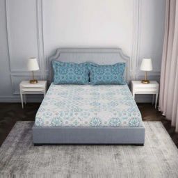 Spaces Atrium Blue 100% Cotton 144 TC Fitted King Bedsheet with 2 Pillow Covers-picture-2