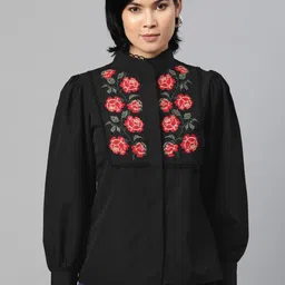 plusS Black & Red Floral Embroidered Mandarin Collar Shirt Style Top-picture-25