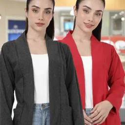 Kryptic Charcoal Melange and Red Cotton Solid Open Front Shrug with Pockets, Pack of 2-image-40