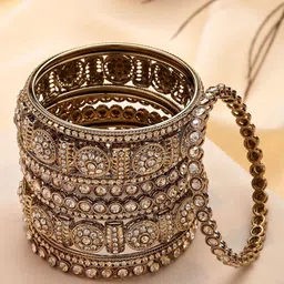 KARATCART Set Of 10 Gold-Plated Kundan Stone-Studded Bangles-image-66