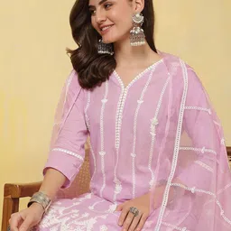 Anouk Floral Embroidered Panelled Thread Work Pure Cotton Kurta With Trousers & Dupatta image 2