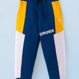 Honeyhap Premium100% Cotton Knit Full Length Colour Block Track Pant with Text Print - Navy Peony White Melange & Golden Cream-picture-25