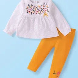 Babyhug Single Jersey Knit Full Sleeves Top & Leggings with Floral Embroidery - White & Yellow-picture-15