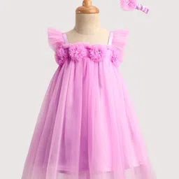 Enfance Sleeveless Floral Applique Detailed Flared Knee Length Dress With Headband - Lavender-image-70