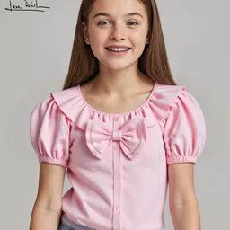 arias by lara dutta Arias Woven Half Sleeves Solid Top With Bow Applique & Ruffle Detailing - Pink-picture-33