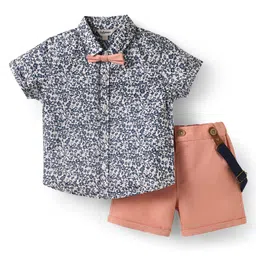 ToffyHouse 100% Woven Cotton Poplin Half Sleeves Floral Print Shirt & Twill Woven Shorts Set With Bow & Suspender - Pink & Navy Blue-image-81