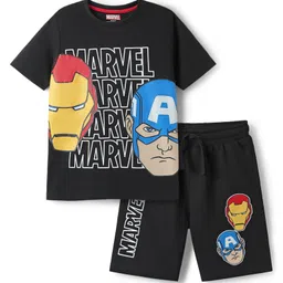 Pine Kids Marvel Single Jersey Knit Half Sleeves T-Shirt & Shorts Set with Avengers Graphics - Black-image-90