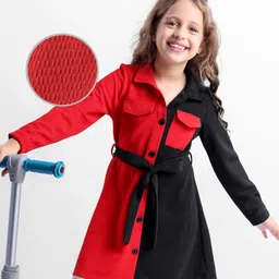 Hola Bonita Knit Full Sleeves Frock With Cut & Sew Design & Fabric Belt - Red & Black-image-50