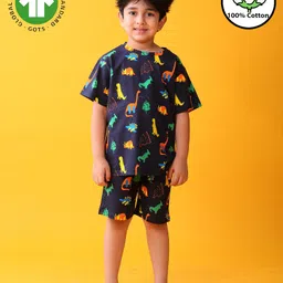 Anthrilo 100% Organic Cotton Knit Half Sleeves Dinosaurs Printed Coordinating Night Suit Set - Navy Blue-picture-15