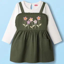 Babyhug Cotton Knit Floral Embroidered Frock with Full Sleeves Inner Tee - Olive Green & White-image-21