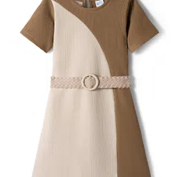 Hola Bonita Knit Half Sleeves Texture Cut & Sew Dress with Belt - Tan & Beige-picture-18