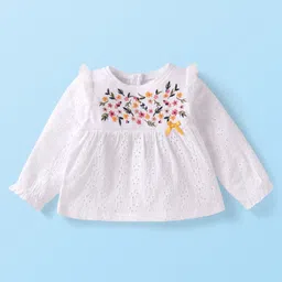 Babyhug Single Jersey Knit Full Sleeves Top & Leggings with Floral Embroidery - White & Yellow image 2
