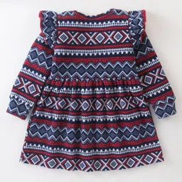 Crayonflakes Polar Fleece Full Sleeves Jacquard Bands Designed Bow Detailed Dress With Leggings - Blue image 4