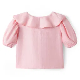 arias by lara dutta Arias Woven Half Sleeves Solid Top With Bow Applique & Ruffle Detailing - Pink image 3