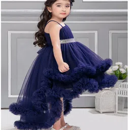 Ministitch Net Sleeveless Sequin Embellished High Low Dress - Navy Blue image 5