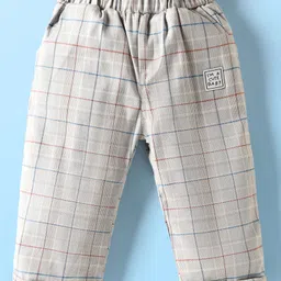 Ollypop Cotton Knit Full Sleeves T-Shirt & Checked Pant Set with Teddy Print - Navy Blue & Offwhite image 4