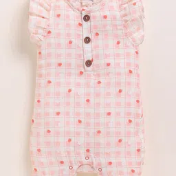 Cot & Candy Organic Muslin Cotton Knit Pack Of 2 Frill Sleeves Checked & Floral Printed Rompers - Strawberry & Spring image 5