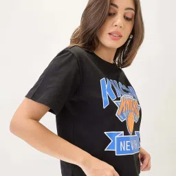 Globus Women Black Typography Printed Round Neck Cotton Oversized Trendy Crop T-Shirt image 3