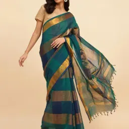 Fabindia Teal Cotton Blend Woven Saree-image-47