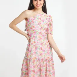 Zink London Pink Floral Print A-Line Dress-image-92