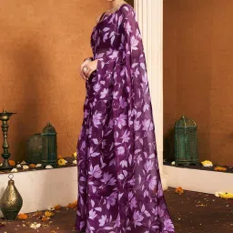 Satrani Purple Chiffon Floral Saree With Unstitched Blouse image 3