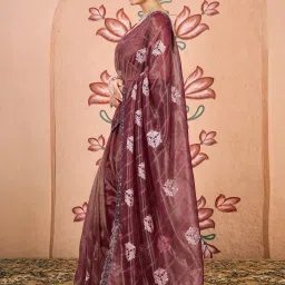 Satrani Maroon Net Embroidered Saree With Unstitched Blouse image 3