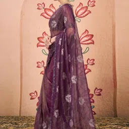 Satrani Purple Net Embroidered Saree With Unstitched Blouse image 3