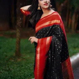 Satrani Black Silk Blend Woven Saree With Unstitched Blouse image 3