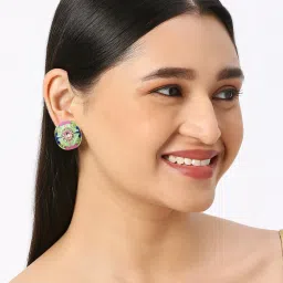 OOMPH Mint Green & Pink Meenakari Indo Western Design Stud Earrings image 3