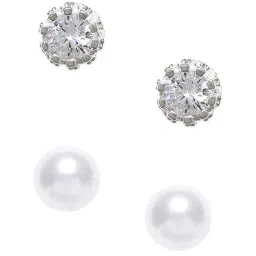 OOMPH Silver Round Crown Cubic Zirconia & White Pearl Stud Earrings - Set of 2 image 3