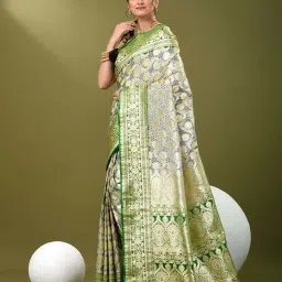 CHARUKRITI Green Silk Zari Saree With Unstitched Blouse image 3