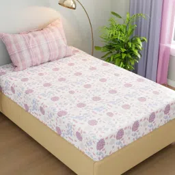 KOPA White & Lilac Microfibre Floral 192 TC Single Bedsheet with 1 Pillow Cover image 3