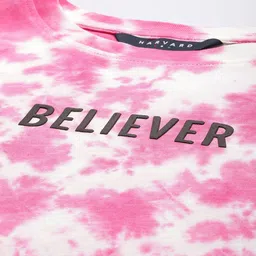 Harvard Tie and Dye Printed Drop-Shoulder Sleeves Applique Crop T-shirt image 2