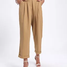 glitchez Women Tonal Pleats Carrot Fit Cropped Trousers-image-81