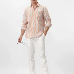 Basics Beige Cotton Slim Fit Striped Shirt image 3