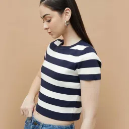 Ginger By Lifestyle Dark Blue Regular Fit Striped T-Shirt image 3
