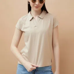 Fame Forever By Lifestyle Medium Beige Cotton Regular Fit Polo T-Shirt image 3